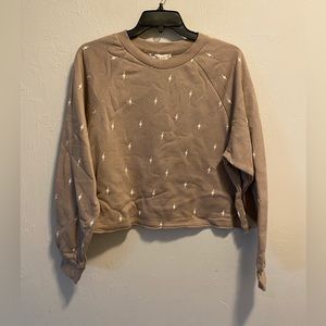 Pink Rose Gray Lightning Bolt Print Long Sleeve Cropped Sweatshirt Size Large